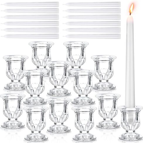 12 Sets Glass Clear Taper Candlestick Holder Bulk 12 Pcs Small Candle Holders 12 Pcs White Long Candle Table Centerpiece Decor for Wedding Holiday Birthday Party Favor(Clear) in Saudi Arabia