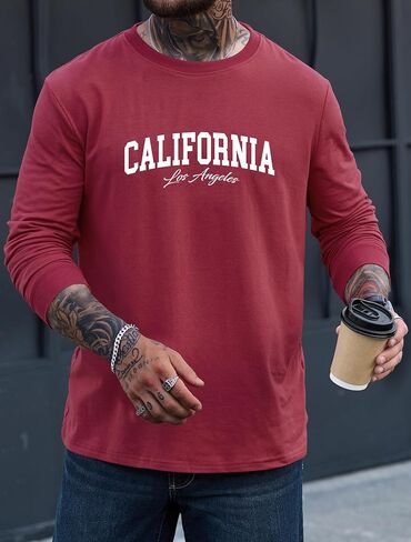 تيشيرت رجالي برسوم جرافيك كاجوال بطباعة سويت شيرت قابل للتمدد وأكمام طويلة وياقة دائرية (S-XXL) in Kuwait