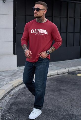 تيشيرت رجالي برسوم جرافيك كاجوال بطباعة سويت شيرت قابل للتمدد وأكمام طويلة وياقة دائرية (S-XXL) in Kuwait