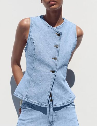 Womens Denim Vest Tops Sleeveless Jean Vest Button Down Denim Tank Tops Casual Waistcoat in Saudi Arabia
