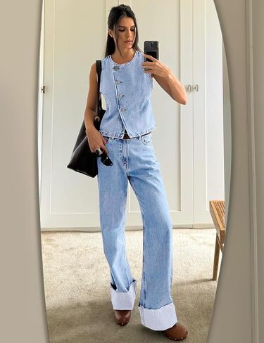 Womens Denim Vest Tops Sleeveless Jean Vest Button Down Denim Tank Tops Casual Waistcoat in Saudi Arabia