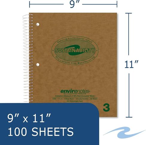 Roaring Spring Environotes Recycled Notebook, One Subject,11" x 9", Spiral Bound, 80 Sheets of Heavyweight 20 lb. paper, College Ruled, 3-Hole punched, Perforated, 1 Double Pocket, Made in the USA! in Kuwait