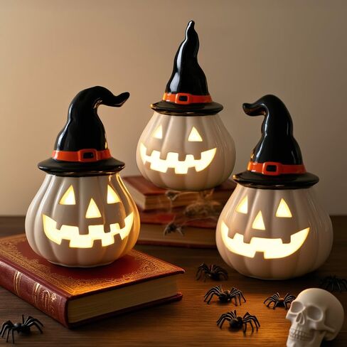 NEROSUN 3 Pack Cute Ghost Light Up Halloween Decor, LED White Ceramic Spooky Flameless Lanterns Decorative Light Fall Halloween Party Decoration for Home Bedroom Room Table Shelf in Saudi Arabia