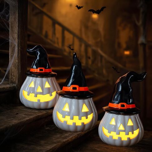 NEROSUN 3 Pack Cute Ghost Light Up Halloween Decor, LED White Ceramic Spooky Flameless Lanterns Decorative Light Fall Halloween Party Decoration for Home Bedroom Room Table Shelf in Saudi Arabia