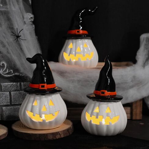 NEROSUN 3 Pack Cute Ghost Light Up Halloween Decor, LED White Ceramic Spooky Flameless Lanterns Decorative Light Fall Halloween Party Decoration for Home Bedroom Room Table Shelf in Saudi Arabia