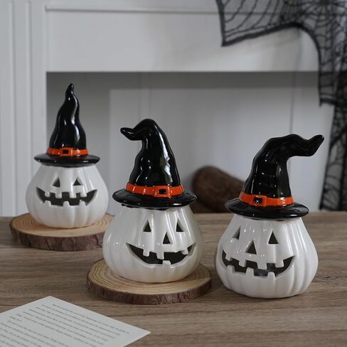 NEROSUN 3 Pack Cute Ghost Light Up Halloween Decor, LED White Ceramic Spooky Flameless Lanterns Decorative Light Fall Halloween Party Decoration for Home Bedroom Room Table Shelf in Saudi Arabia