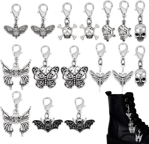 PH PandaHall 16Pcs Clip on Charm Pendants 8 Styles Goth Skull Butterfly Bat Shoe Lace Charms with Lobster Clasp for Sneakers Canvas Shoes Boots Halloween Punk Jewelry Making in Saudi Arabia