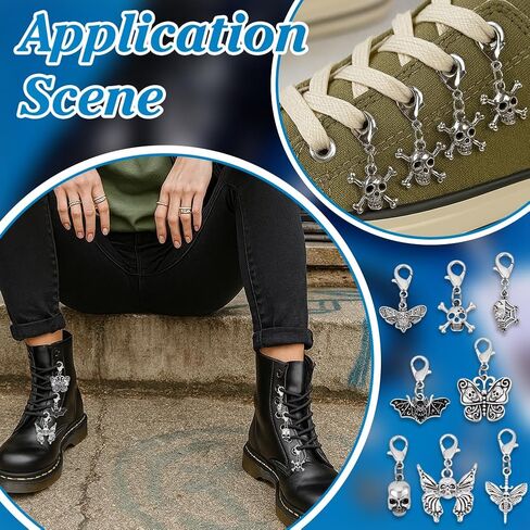 PH PandaHall 16Pcs Clip on Charm Pendants 8 Styles Goth Skull Butterfly Bat Shoe Lace Charms with Lobster Clasp for Sneakers Canvas Shoes Boots Halloween Punk Jewelry Making in Saudi Arabia