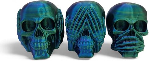 Set of 3 Skull Figurines – Hear No Evil, Speak No Evil, See No Evil – 4x3x2.5 Inch Halloween Decor – Gothic Skeleton Display for Shelf, Desk, or Altar – Horror Collectible (Blue/Green/Purple) in Saudi Arabia