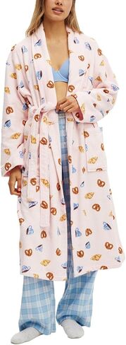 Franhais Womens Shawl Robe Plush Striped Fluffy Bathrobe Long Sleeve Knee Length Lounge Robes Loungewear with Pocket in Kuwait