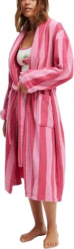 Franhais Womens Shawl Robe Plush Striped Fluffy Bathrobe Long Sleeve Knee Length Lounge Robes Loungewear with Pocket in Kuwait