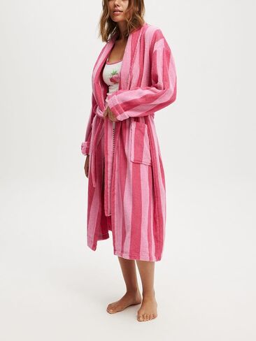 Franhais Womens Shawl Robe Plush Striped Fluffy Bathrobe Long Sleeve Knee Length Lounge Robes Loungewear with Pocket in Kuwait