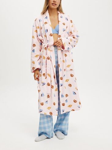 Franhais Womens Shawl Robe Plush Striped Fluffy Bathrobe Long Sleeve Knee Length Lounge Robes Loungewear with Pocket in Kuwait