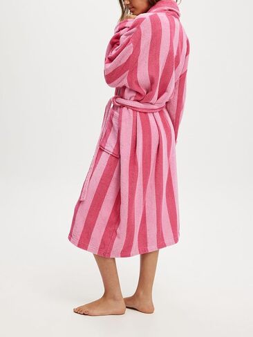 Franhais Womens Shawl Robe Plush Striped Fluffy Bathrobe Long Sleeve Knee Length Lounge Robes Loungewear with Pocket in Kuwait