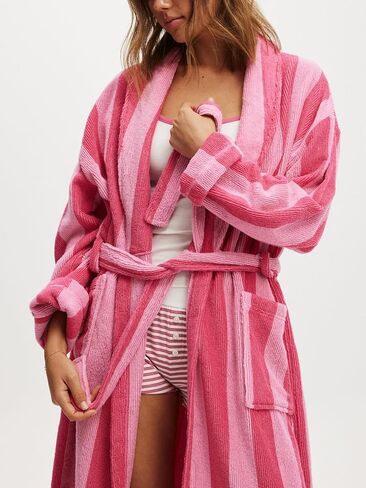 Franhais Womens Shawl Robe Plush Striped Fluffy Bathrobe Long Sleeve Knee Length Lounge Robes Loungewear with Pocket in Kuwait