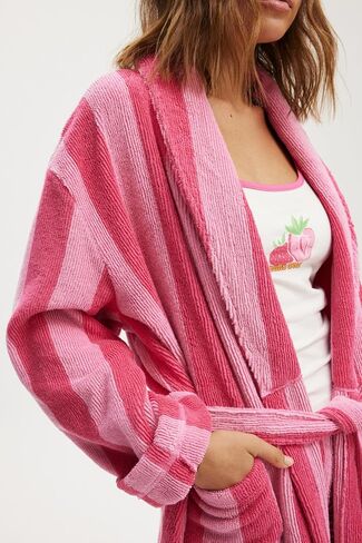 Franhais Womens Shawl Robe Plush Striped Fluffy Bathrobe Long Sleeve Knee Length Lounge Robes Loungewear with Pocket in Kuwait