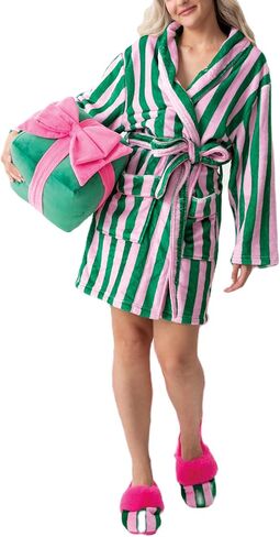 Franhais Womens Shawl Robe Plush Striped Fluffy Bathrobe Long Sleeve Knee Length Lounge Robes Loungewear with Pocket in Kuwait