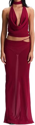Women Y2k 2 Piece Maxi Skirt Set Boho Floral Slim Fit Tops Mesh Flowy Long Skirt Summer Beach Sheer Outfits in Saudi Arabia