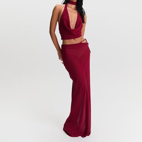 Women Y2k 2 Piece Maxi Skirt Set Boho Floral Slim Fit Tops Mesh Flowy Long Skirt Summer Beach Sheer Outfits in Saudi Arabia