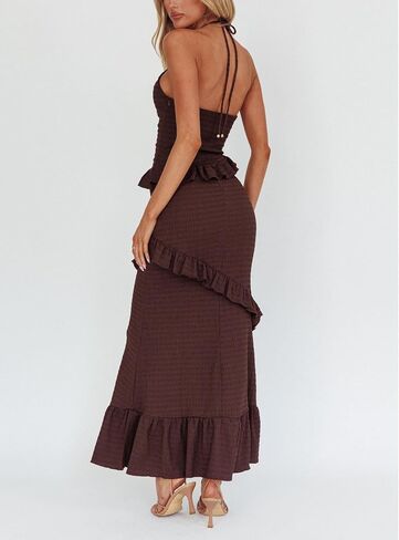 Women Y2k 2 Piece Maxi Skirt Set Boho Floral Slim Fit Tops Mesh Flowy Long Skirt Summer Beach Sheer Outfits in Saudi Arabia