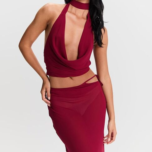 Women Y2k 2 Piece Maxi Skirt Set Boho Floral Slim Fit Tops Mesh Flowy Long Skirt Summer Beach Sheer Outfits in Saudi Arabia