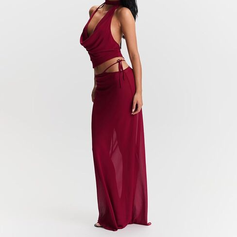 Women Y2k 2 Piece Maxi Skirt Set Boho Floral Slim Fit Tops Mesh Flowy Long Skirt Summer Beach Sheer Outfits in Saudi Arabia