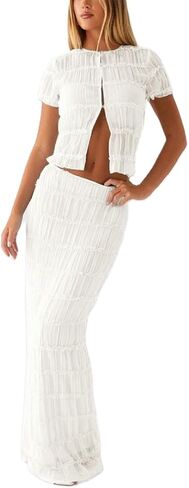 Women Y2k 2 Piece Maxi Skirt Set Boho Floral Slim Fit Tops Mesh Flowy Long Skirt Summer Beach Sheer Outfits in Saudi Arabia