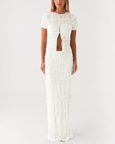 Women Y2k 2 Piece Maxi Skirt Set Boho Floral Slim Fit Tops Mesh Flowy Long Skirt Summer Beach Sheer Outfits in Saudi Arabia