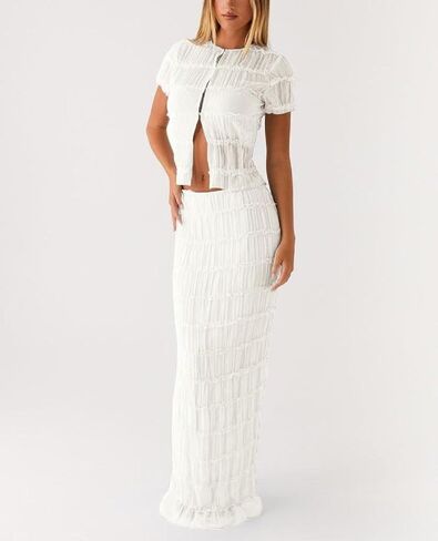 Women Y2k 2 Piece Maxi Skirt Set Boho Floral Slim Fit Tops Mesh Flowy Long Skirt Summer Beach Sheer Outfits in Saudi Arabia