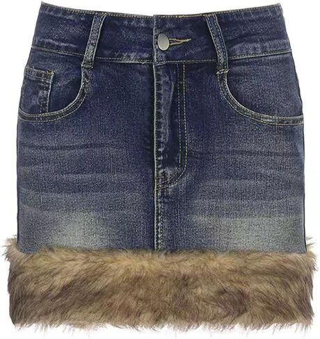 تنانير جينز مثيرة للنساء، تنورة قصيرة عصرية عالية الخصر من الجينز Y2K مع حواف من الفرو الصناعي in Kuwait