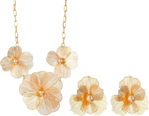 Chunky Gold Flower Necklace Earrings Set for Women,Vintage Texture Ginkgo Leaf Statement Stud Earrings,Trendy Brides Wedding Jewelry Accessories Gift in Saudi Arabia