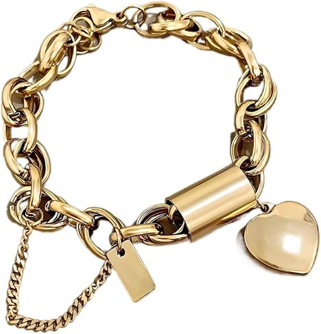 925 Sterling Silver Locking Bracelet With Key, 14K Yellow Gold Thick Chain Bracelet Heart Love Pendant Wrist, Lock Bracelet And Key Necklace Set For Women in Saudi Arabia