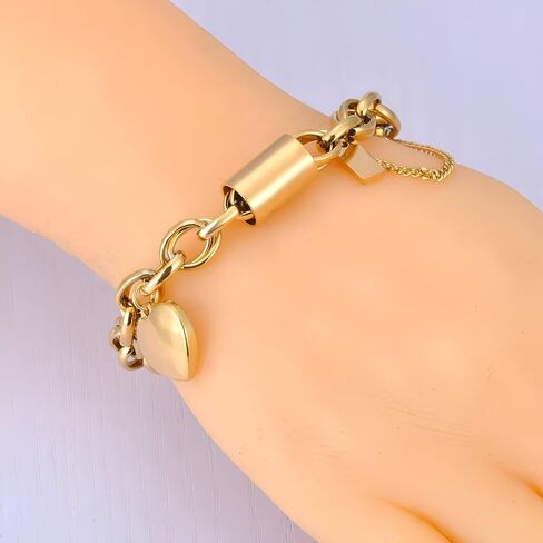 925 Sterling Silver Locking Bracelet With Key, 14K Yellow Gold Thick Chain Bracelet Heart Love Pendant Wrist, Lock Bracelet And Key Necklace Set For Women in Saudi Arabia