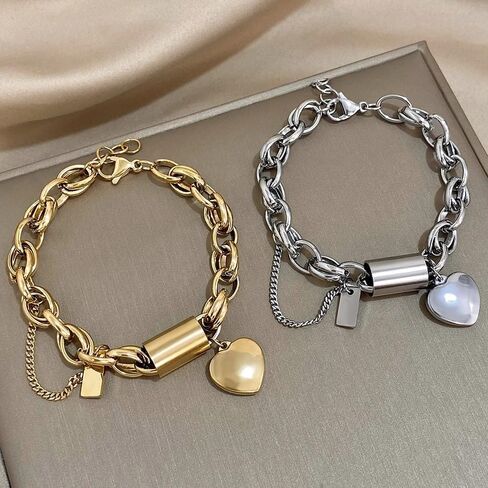 925 Sterling Silver Locking Bracelet With Key, 14K Yellow Gold Thick Chain Bracelet Heart Love Pendant Wrist, Lock Bracelet And Key Necklace Set For Women in Saudi Arabia