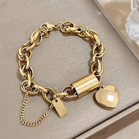 925 Sterling Silver Locking Bracelet With Key, 14K Yellow Gold Thick Chain Bracelet Heart Love Pendant Wrist, Lock Bracelet And Key Necklace Set For Women in Saudi Arabia