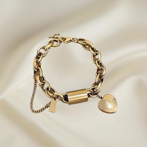 925 Sterling Silver Locking Bracelet With Key, 14K Yellow Gold Thick Chain Bracelet Heart Love Pendant Wrist, Lock Bracelet And Key Necklace Set For Women in Saudi Arabia