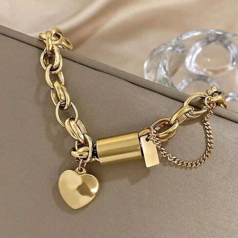 925 Sterling Silver Locking Bracelet With Key, 14K Yellow Gold Thick Chain Bracelet Heart Love Pendant Wrist, Lock Bracelet And Key Necklace Set For Women in Saudi Arabia