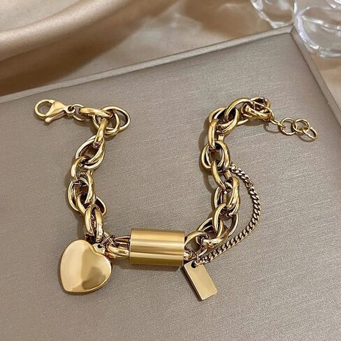 925 Sterling Silver Locking Bracelet With Key, 14K Yellow Gold Thick Chain Bracelet Heart Love Pendant Wrist, Lock Bracelet And Key Necklace Set For Women in Saudi Arabia