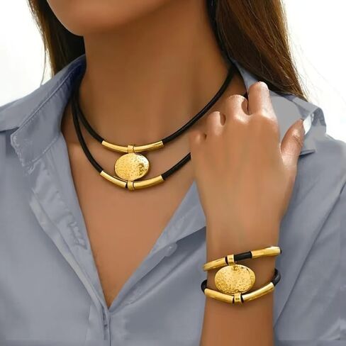 Necklace Vintage Collarbone Chain Black Double Layer Adjustable Gold or Silver Tone Unisex Jewelry in Saudi Arabia