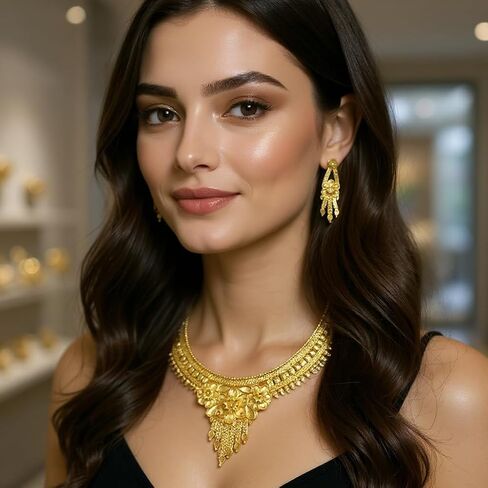 Traditional Indian Gold Plated Necklace Jewelry Set with Earrings for Women, Ethnic Wedding Bridal Party Wear, Antique in Saudi Arabia