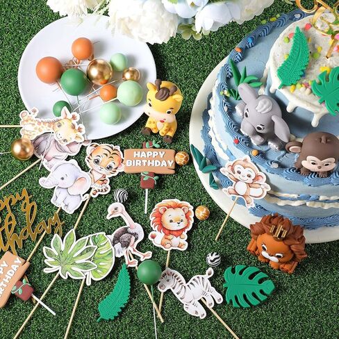 Tallew 42 Pcs Jungle Animal Cake Topper Safari Animal Cake Decoration Lion Zebra Giraffe Elephant Tiger Figure Toys Eucalyptus Palm Leaves Cake Topper for Wild Zoo Birthday Party Supplies in Saudi Arabia