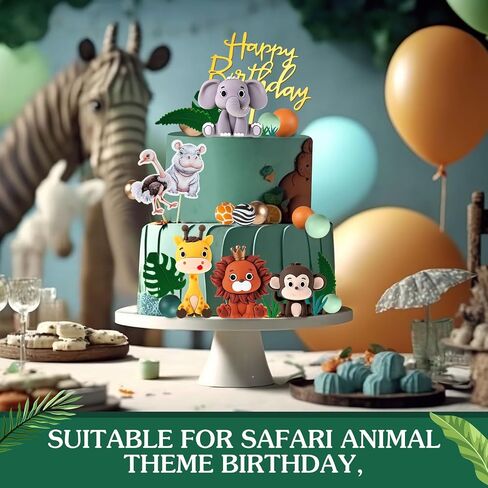 Tallew 42 Pcs Jungle Animal Cake Topper Safari Animal Cake Decoration Lion Zebra Giraffe Elephant Tiger Figure Toys Eucalyptus Palm Leaves Cake Topper for Wild Zoo Birthday Party Supplies in Saudi Arabia
