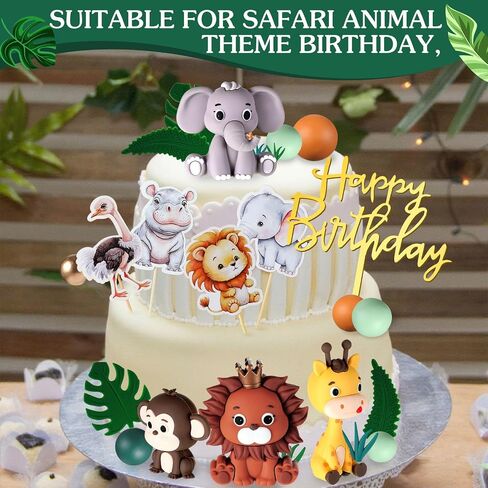 Tallew 42 Pcs Jungle Animal Cake Topper Safari Animal Cake Decoration Lion Zebra Giraffe Elephant Tiger Figure Toys Eucalyptus Palm Leaves Cake Topper for Wild Zoo Birthday Party Supplies in Saudi Arabia