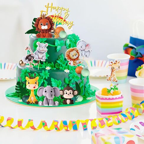 Tallew 42 Pcs Jungle Animal Cake Topper Safari Animal Cake Decoration Lion Zebra Giraffe Elephant Tiger Figure Toys Eucalyptus Palm Leaves Cake Topper for Wild Zoo Birthday Party Supplies in Saudi Arabia