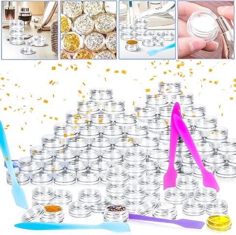 MotBach 100 قطعة من الحاويات البلاستيكية الفارغة سعة 3 جرام مع أغطية، حاويات صغيرة لعينات المكياج، برطمانات صغيرة لمستحضرات التجميل مع 20 قطعة ملاعق صغيرة لكريمات البودرة السائلة (غطاء شفاف) in Kuwait