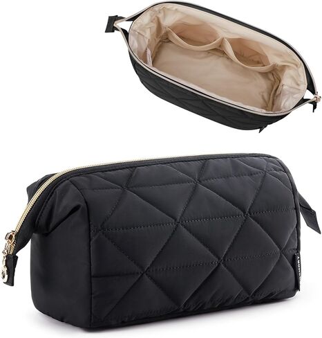 BAGSMART Makeup Bag Travel Makeup Bag, Cute Puffy Make Up Bag, Wide-open Cosmetic Bags for Women, Small Makeup Pouch for Travel Essentials Toiletries Accessories (Black) in Saudi Arabia