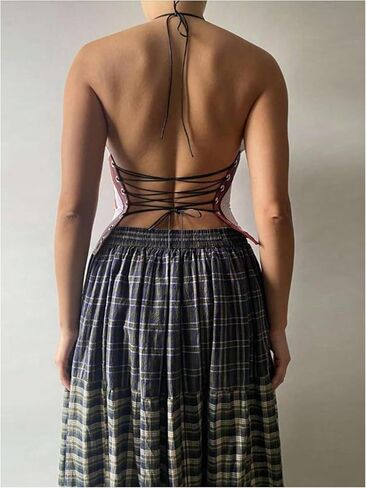 MakeMeChic Women's Cowl Neck Halter Crop Tops Backless Y2k Graphic Tank Top Jersey Shirt in Saudi Arabia
