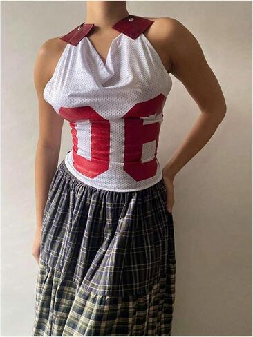 MakeMeChic Women's Cowl Neck Halter Crop Tops Backless Y2k Graphic Tank Top Jersey Shirt in Saudi Arabia
