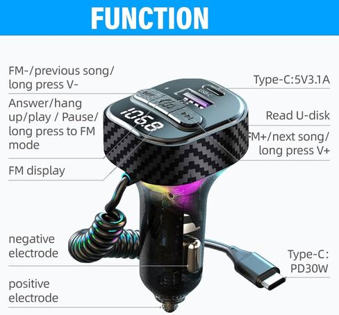 Bluetooth 5.3 FM Transmitter for Car, Bluetooth Car Adapter with Type-C PD(30W) Car Charger and QC3.0 USB Port, Wireless FM Radio Transmitter, Support MP3 Player, Handsfree Calling, LED Backlit,U Disk in Kuwait