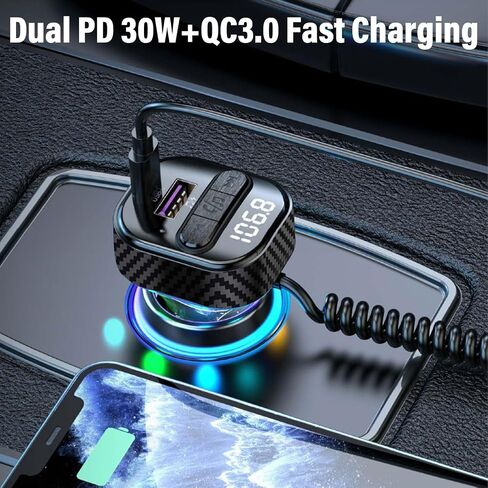 Bluetooth 5.3 FM Transmitter for Car, Bluetooth Car Adapter with Type-C PD(30W) Car Charger and QC3.0 USB Port, Wireless FM Radio Transmitter, Support MP3 Player, Handsfree Calling, LED Backlit,U Disk in Kuwait